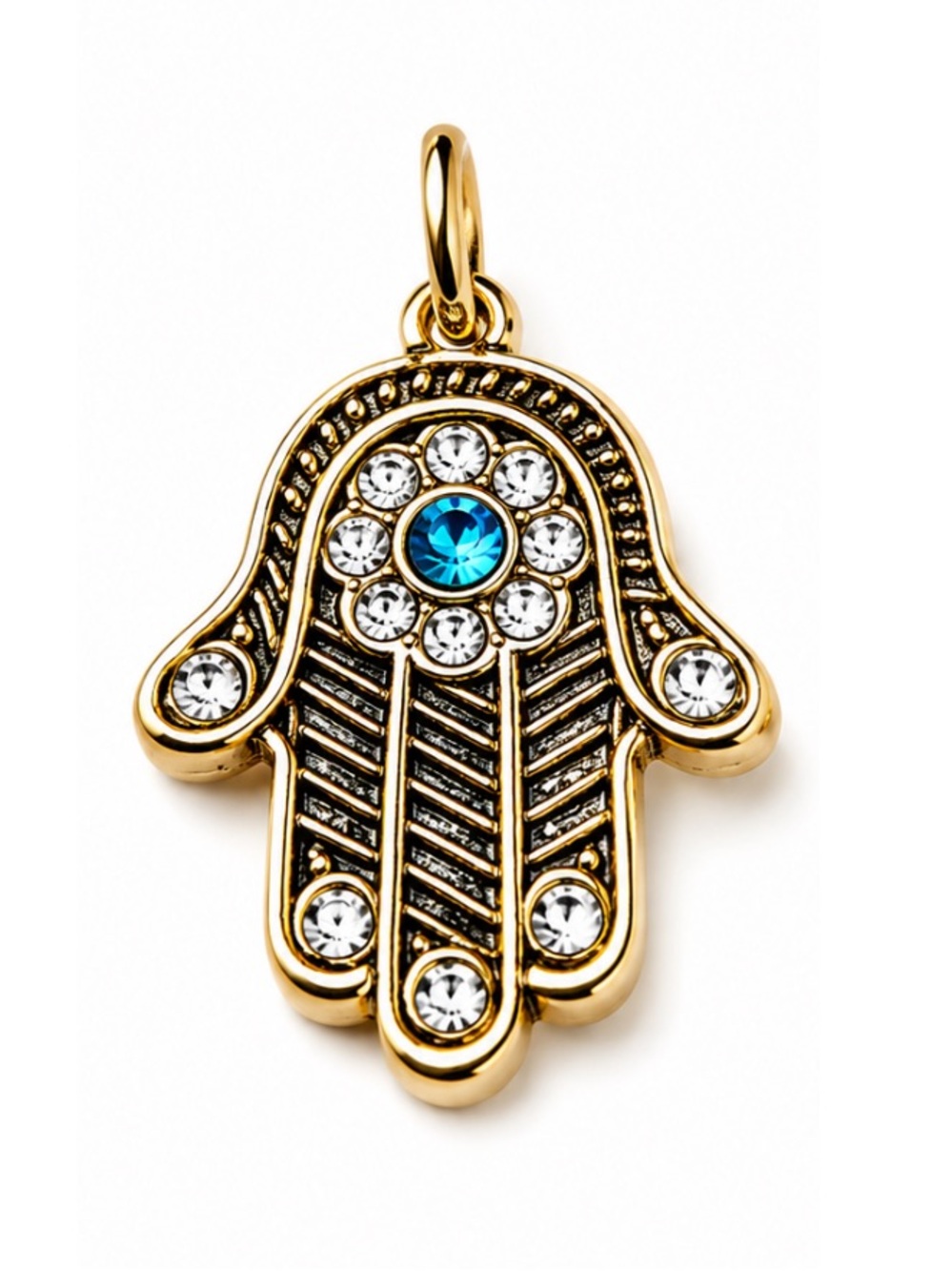 NEW - Gold Hamsa Pendant Charm w Blue & Clear Rhinestone Evil Eye - Protection